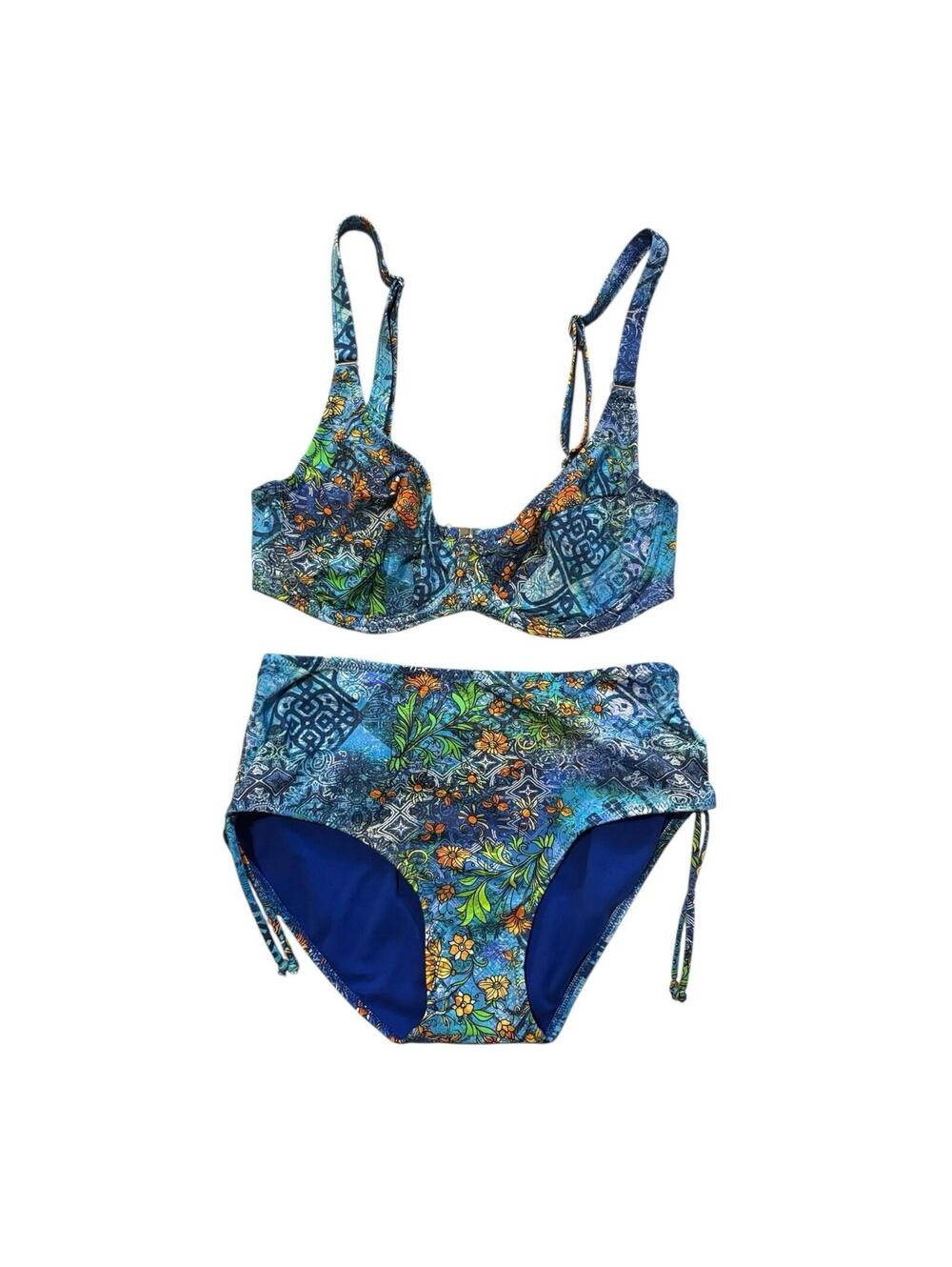 SBS Made in Greece Bikini Set 34C Top EU 46 US 10 High Waist Blue Floral